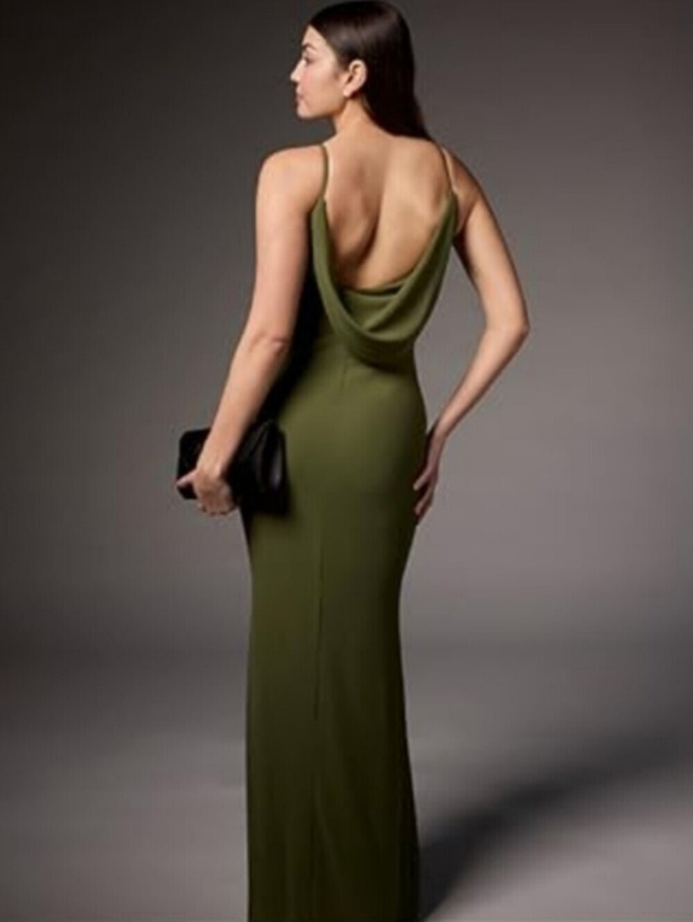 David's Bridal Chiffon Cowl Back V-neck Sheath Dress Martini Olive Color